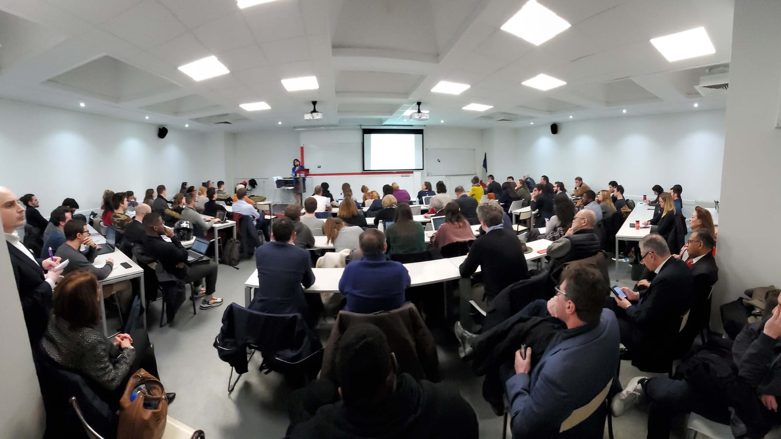 Audience at a Club Cyber AEGE conference with Anne Souvira at the École de Guerre Économique
