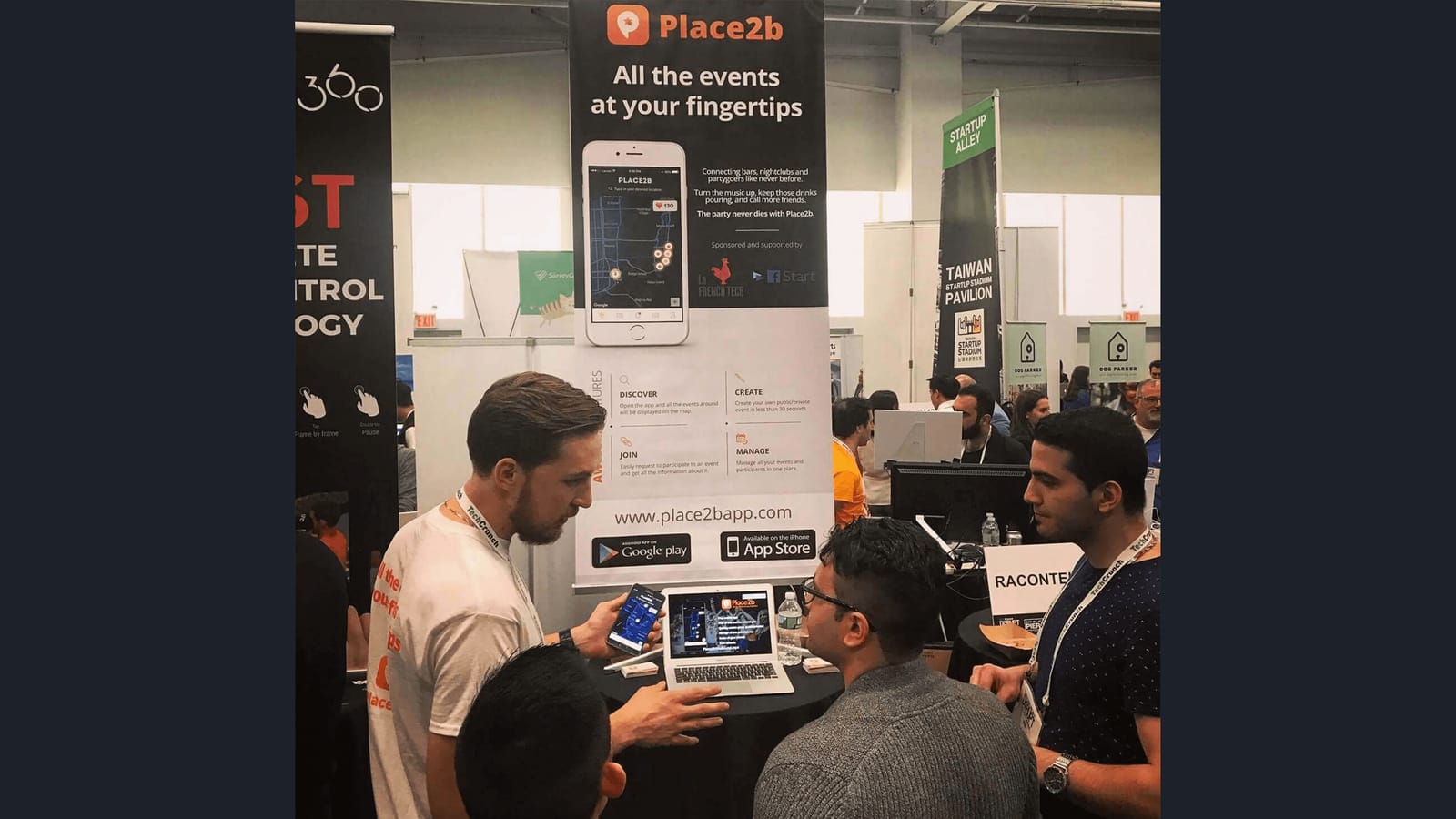 The Place2b booth in Startup Alley at TechCrunch Disrupt New York, where Jérôme Freani presented the event app